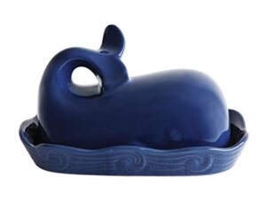 creative co-op coastal stoneware whale shaped butter dish, navy blue