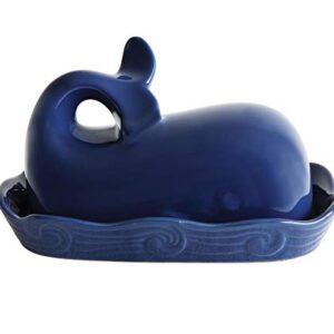 Creative Co-Op Coastal Stoneware Whale Shaped Butter Dish, Navy Blue