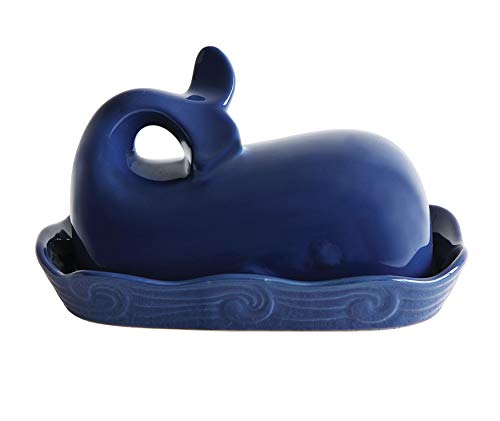 Creative Co-Op Coastal Stoneware Whale Shaped Butter Dish, Navy Blue