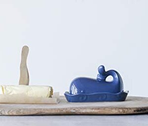 Creative Co-Op Coastal Stoneware Whale Shaped Butter Dish, Navy Blue