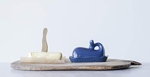 Creative Co-Op Coastal Stoneware Whale Shaped Butter Dish, Navy Blue
