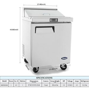 Salad Sandwich Prep Table Refrigerator,ATOSA Commercial 1 door Stainless Steel Salad Sandwich Prep Table Refrigerator MSF8301 for Restaurant Kitchen 6.5 Cu.Ft. 27.5W30D43.7H inch 33℉—38℉