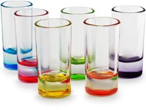 circleware paradise shot, set of 6, assorted color bottoms limited edition glass drinking cups for whiskey, vodka, brandy, bourbon and all type of beverage,1.2 ounces