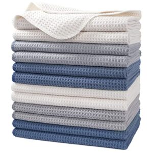 polyte premium microfiber kitchen dish hand towel waffle weave 12 pack (16x28 in, dark blue, gray, off white)