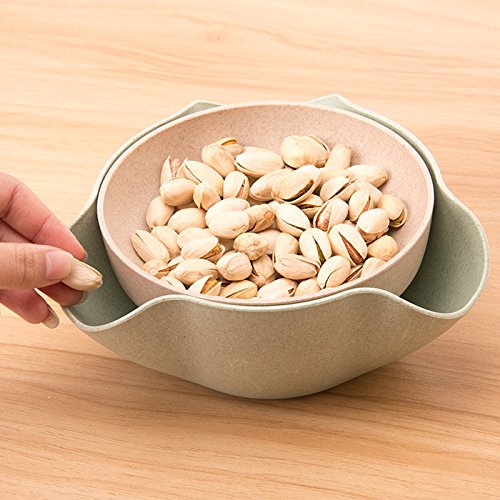 Bamboo's Grocery Double Dish Snack Bowl For Pistachios, Peanuts, Edamame, Cherries, Nuts, with Shell Storage (Green)