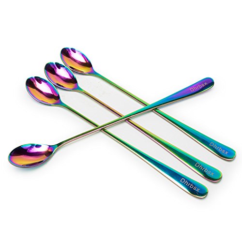 Long-handled ice tea spoon, cocktail stir spoons, stainless steel coffee spoons, Colored ice cream scoop (9 IN iridescence, Round)