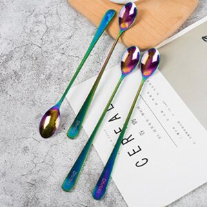 Long-handled ice tea spoon, cocktail stir spoons, stainless steel coffee spoons, Colored ice cream scoop (9 IN iridescence, Round)