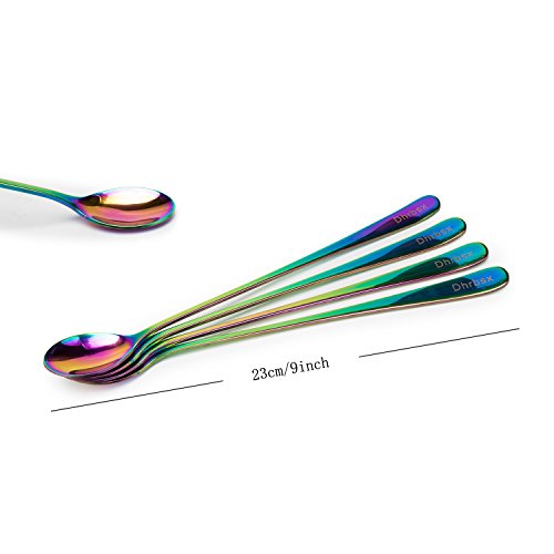 Long-handled ice tea spoon, cocktail stir spoons, stainless steel coffee spoons, Colored ice cream scoop (9 IN iridescence, Round)