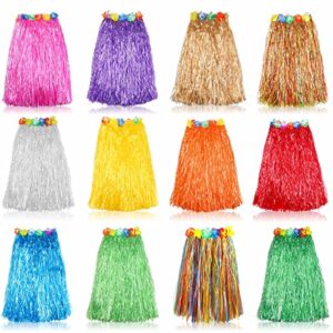 grass skirt hawaiian luau hula skirts party decorations favors supplies multicolor grass skirts for adult elastic hibiscus flowers tropical hula skirt for party, birthdays, celebration 60cm 12 pack