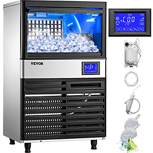 VEVOR 110V Commercial ice Maker Machine 155LBS/24H with 39LBS Bin and Electric Water Drain Pump, Stainless Steel Ice Machine, Auto Operation, Include Water Filter 2 Scoops and Connection Hose