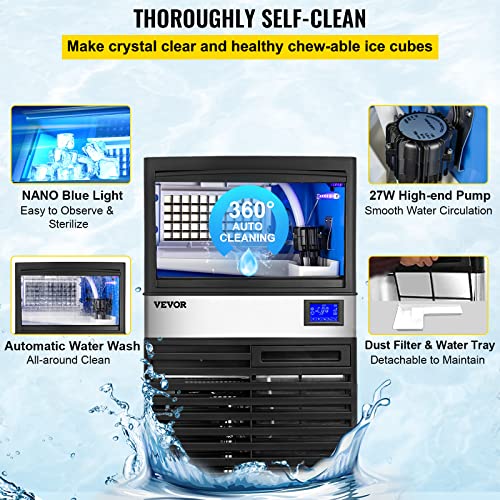 VEVOR 110V Commercial ice Maker Machine 155LBS/24H with 39LBS Bin and Electric Water Drain Pump, Stainless Steel Ice Machine, Auto Operation, Include Water Filter 2 Scoops and Connection Hose