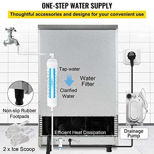 VEVOR 110V Commercial ice Maker Machine 155LBS/24H with 39LBS Bin and Electric Water Drain Pump, Stainless Steel Ice Machine, Auto Operation, Include Water Filter 2 Scoops and Connection Hose