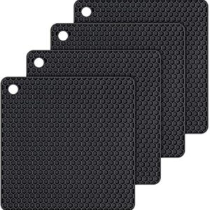 Silicone Trivets Mats, Silicone Hot Mats Set, Silicone Hot Pads, Silicone Pot Mat for Countertop, Trivet Pads Heat Resistant, Table Placemats, Square Small Drying Mats, 4 Pack, Black Trivets