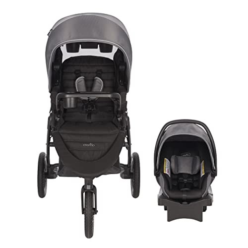 Evenflo Folio3 Stroll & Jog Travel System w/LiteMax 35 Infant Car Seat, Crossover Versatility, Ultra-Compact, Self-Standing Folding Design, 12” Air-Filled Tires, Front Wheel Swivel Lock, Avenue Gray
