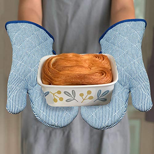 1 Pair Yarn Dyed Oven Mitts 100% Cotton Heat Resistant 470 Degree Gloves Men Women Cooking Baking Barbecue BBQ Microwave Crafting Machine Washable Pot Holders Mittens (blue2)