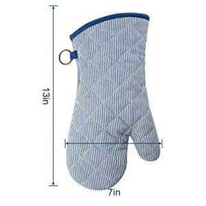 1 Pair Yarn Dyed Oven Mitts 100% Cotton Heat Resistant 470 Degree Gloves Men Women Cooking Baking Barbecue BBQ Microwave Crafting Machine Washable Pot Holders Mittens (blue2)