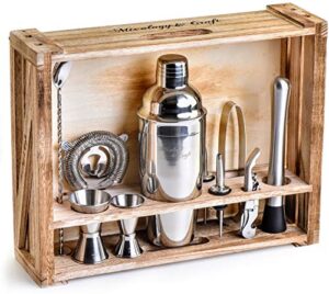 mixology bartender kit: 11-piece bar tool set with rustic wood stand | perfect home bartending kit and cocktail shaker set for a true drink mixing experience | fun housewarming gift idea (silver)