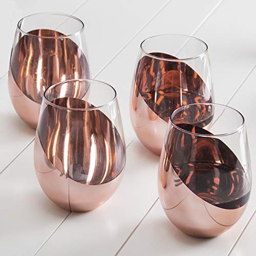 MyGift Modern Copper Accent Stemless Wine Glass Set, Red Wine Glasses Set of 4