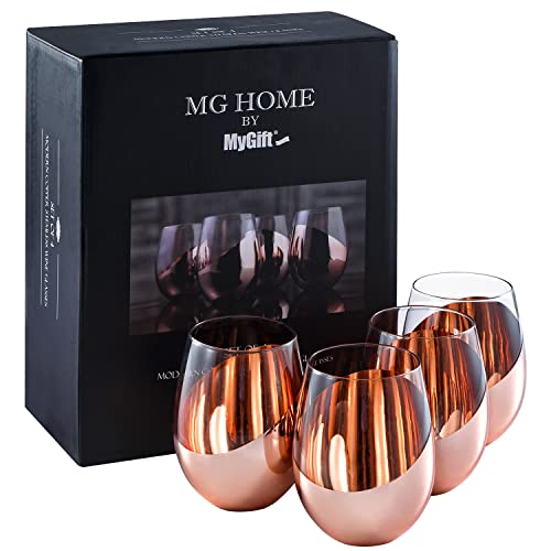 MyGift Modern Copper Accent Stemless Wine Glass Set, Red Wine Glasses Set of 4