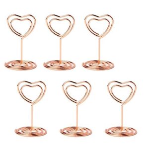 jofefe 20pcs mini place card holders table number stands table card holder wire table picture photo holder with heart shape menu memo clips for wedding favors, rose gold