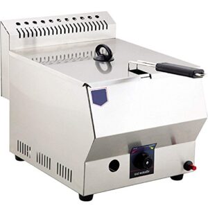 w:12.6'', l:22.44'', h: 15.75'' propane gas commercial industrial catering restaurant 8 lt. capacity stainless steel commercial countertop tabletop propan gas deep fryer with basket and lid included