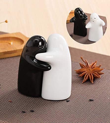 Salt and Pepper Shakers Cute Decorative Novelty Hugging Shakers Couple Set Black and White Modern and Vintage Hug Design Easy to Refill and Dispenser Shaker Set