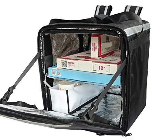 PK-76F: Large Doubledeck Insulated Pizza/Food Delivery Backpack, 16"x 15"x 18", with Divider, Cup Holder. Waterproof Thermal Food Take-Out Box, Keep Hot/Cold, 76Liters (Black)