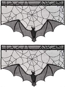 anphsin halloween black lace spiderweb- 2 pcs bat curtain window valance cobweb tablecloth shower curtains fireplace mantles scarf cover for home door kitchen bathroom festive party decorations