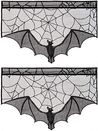 ANPHSIN Halloween Black Lace Spiderweb- 2 Pcs Bat Curtain Window Valance Cobweb Tablecloth Shower Curtains Fireplace Mantles Scarf Cover for Home Door Kitchen Bathroom Festive Party Decorations