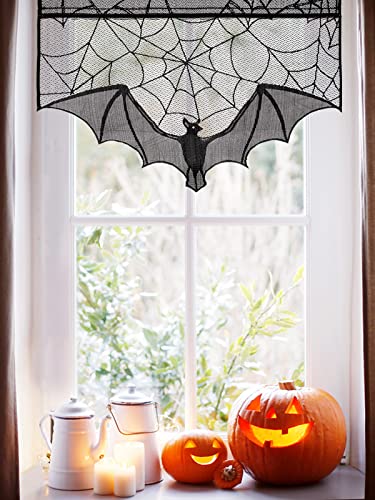 ANPHSIN Halloween Black Lace Spiderweb- 2 Pcs Bat Curtain Window Valance Cobweb Tablecloth Shower Curtains Fireplace Mantles Scarf Cover for Home Door Kitchen Bathroom Festive Party Decorations