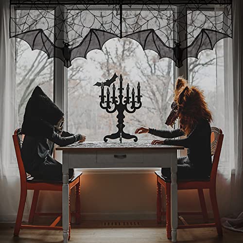 ANPHSIN Halloween Black Lace Spiderweb- 2 Pcs Bat Curtain Window Valance Cobweb Tablecloth Shower Curtains Fireplace Mantles Scarf Cover for Home Door Kitchen Bathroom Festive Party Decorations