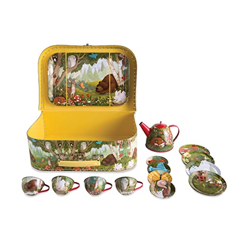 Hearthsong 15-Piece Woodland-Themed Tin Tea Set, Serves 4, 11½”L x 3½”W x 7¾”H Carrying Suitcase, Woodland Themed, Ages 3 and Up