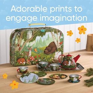 Hearthsong 15-Piece Woodland-Themed Tin Tea Set, Serves 4, 11½”L x 3½”W x 7¾”H Carrying Suitcase, Woodland Themed, Ages 3 and Up