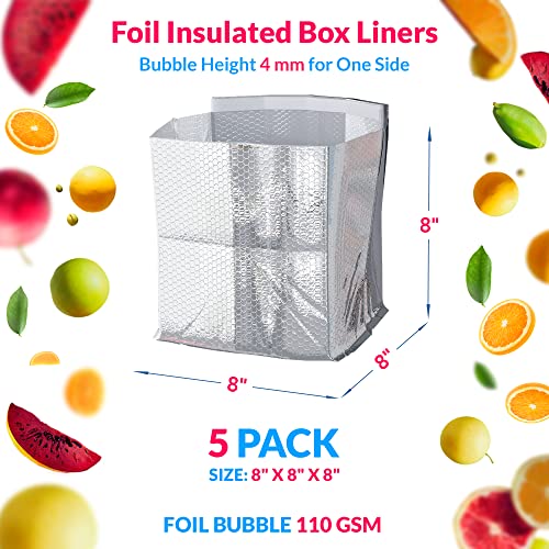ABC Foil Insulated Box Liners 8 x 8 x 8 Inch, Pack of 5 Silver Insulated Shipping Boxes for Frozen Food, Odorless Insulated Shipping Containers, Leakproof Cold Shipping Boxes for Frozen Fish, Meat