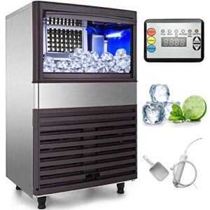 vevor 110v commercial ice maker machine 155lbs/24h with 39lbs bin, led panel, stainless steel, auto clean, include water filter, scoop, connection hose, professional refrigeration equipment