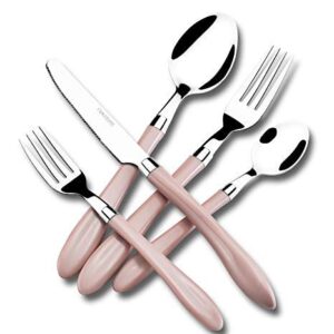 pink silverware set, hoften 20 piece stainless steel color handle flatware, retro style cutlery set includes forks spoons knifes. fiestaware for daily use and party, vintage utensils, dishwasher safe