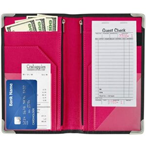 golgino server book for waitress & waiter 9 x 5 inch, two zipper pockets & id holder, premium receipt organizer wallet fits aprons, 11 money pockets perfect for server banking (black/magenta)