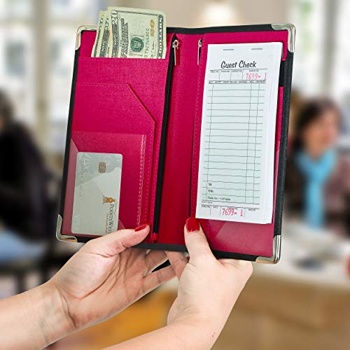 Golgino Server Book for Waitress & Waiter 9 x 5 Inch, Two Zipper Pockets & ID Holder, Premium Receipt Organizer Wallet Fits Aprons, 11 Money Pockets Perfect for Server Banking (Black/Magenta)