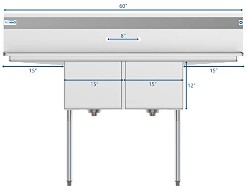 KoolMore 2 Compartment Stainless Steel NSF Commercial Kitchen Prep & Utility Sink with 2 Drainboards - Bowl Size 15" x 15" x 12", Silver,SB151512-15B3