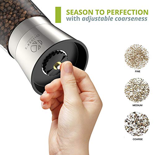 Oliver's Kitchen ® Salt & Pepper Grinder Set - 2X Premium Quality Ceramic Grinders - Easy to Fill & Use - Season to Perfection with Adjustable Coarseness - Large Capacity - Refill Less Often