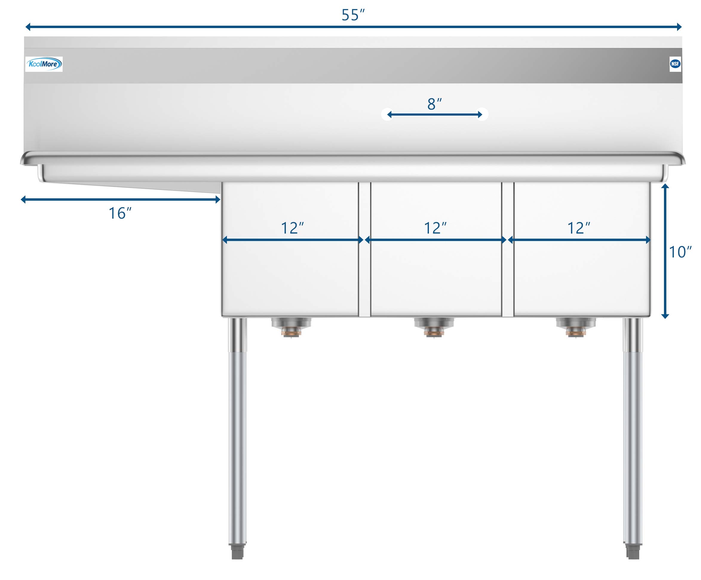 KoolMore 3 Compartment Stainless Steel Commercial Kitchen Sink with Large Drainboard - Bowl Size 12" x 16" x 10", Silver