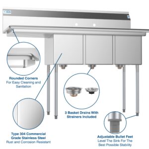 KoolMore 3 Compartment Stainless Steel Commercial Kitchen Sink with Large Drainboard - Bowl Size 12" x 16" x 10", Silver