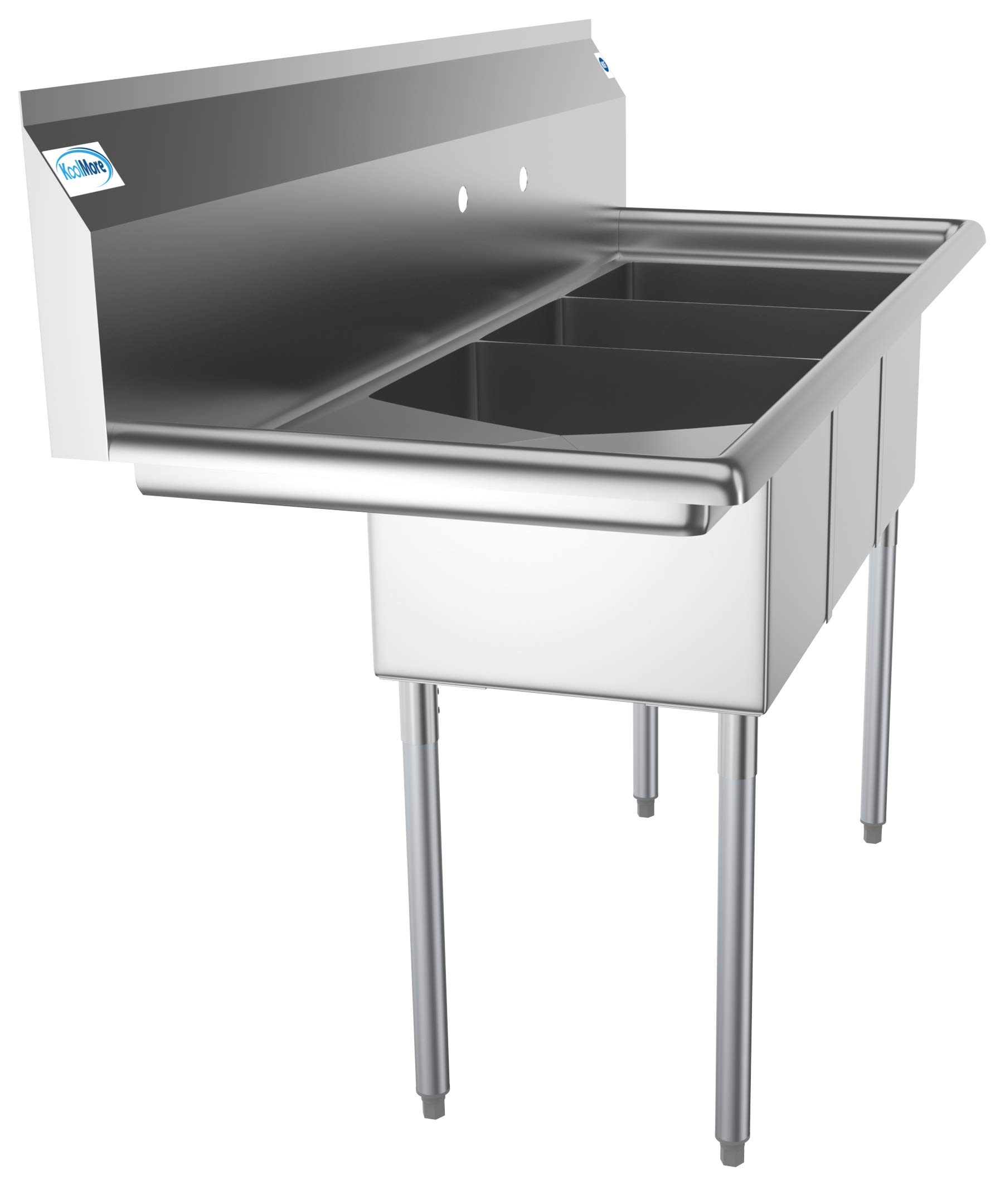 KoolMore 3 Compartment Stainless Steel Commercial Kitchen Sink with Large Drainboard - Bowl Size 12" x 16" x 10", Silver