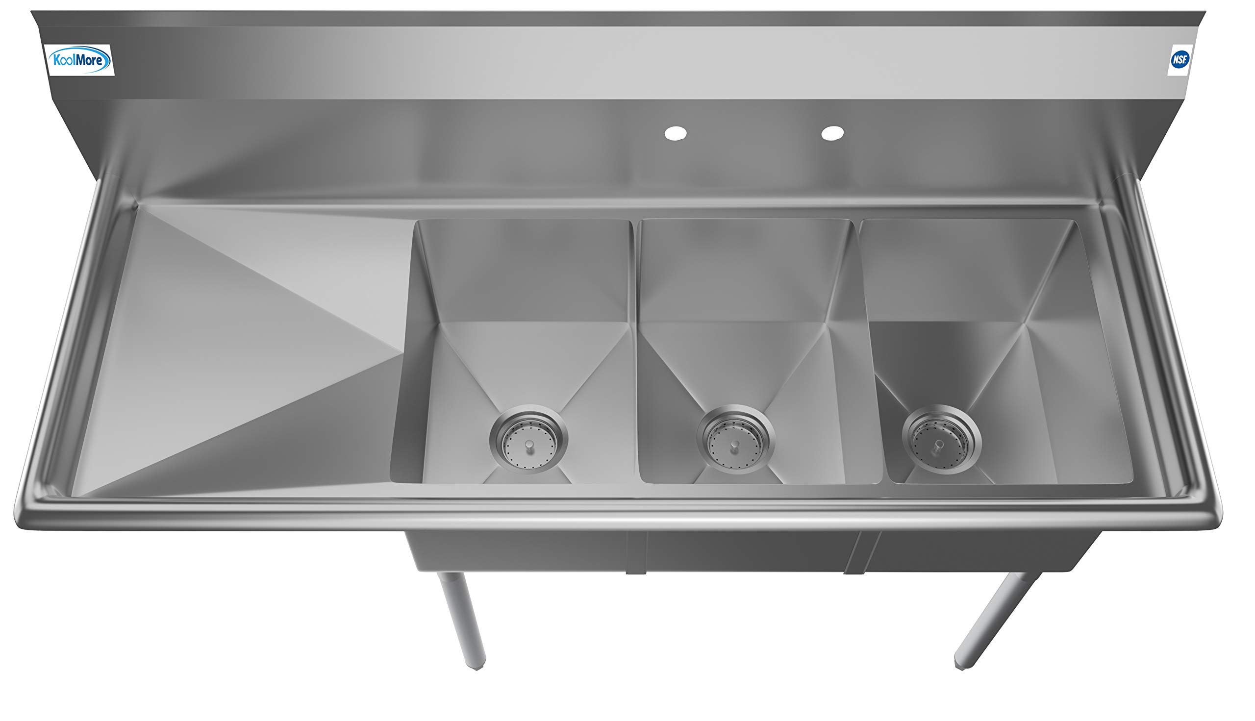 KoolMore 3 Compartment Stainless Steel Commercial Kitchen Sink with Large Drainboard - Bowl Size 12" x 16" x 10", Silver