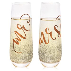 juvale set of 2 mr and mrs champagne toasting flutes for bride and groom, his and hers wedding day glasses for newlyweds, engagement, wedding and bridal shower gifts (rose gold, 10oz)
