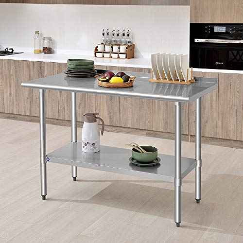 ROCKPOINT Stainless Steel Table for Prep & Work with Backsplash 48x24 Inches, NSF Metal Commercial Kitchen Table with Adjustable Under Shelf and Foot for Restaurant, Home and Hotel