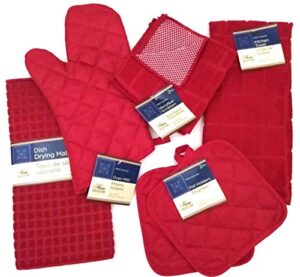 kitchen towel set with 2 quilted pot holders, oven mitt, dish towel, dish drying mat, 2 microfiber scrubbing dishcloths (red)