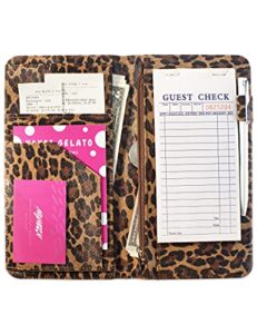 server book for waitress book with zipper pocket, 5x9 leopard magnetic closure server wallet with money pocket and zipper pouch, restaurant waitstaff organizer fit server apron