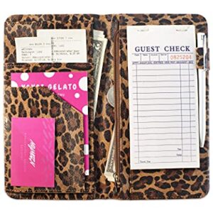 Server Book for Waitress Book with Zipper Pocket, 5x9 Leopard Magnetic Closure Server Wallet with Money Pocket and Zipper Pouch, Restaurant Waitstaff Organizer Fit Server Apron