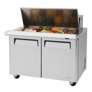 turbo air m3 series mst-48-18-n mega top sandiwch and salad (2) door prep table rear mounted (15) cu. ft. (18) pan, no-maintenance condenser, holds temp w/lids open